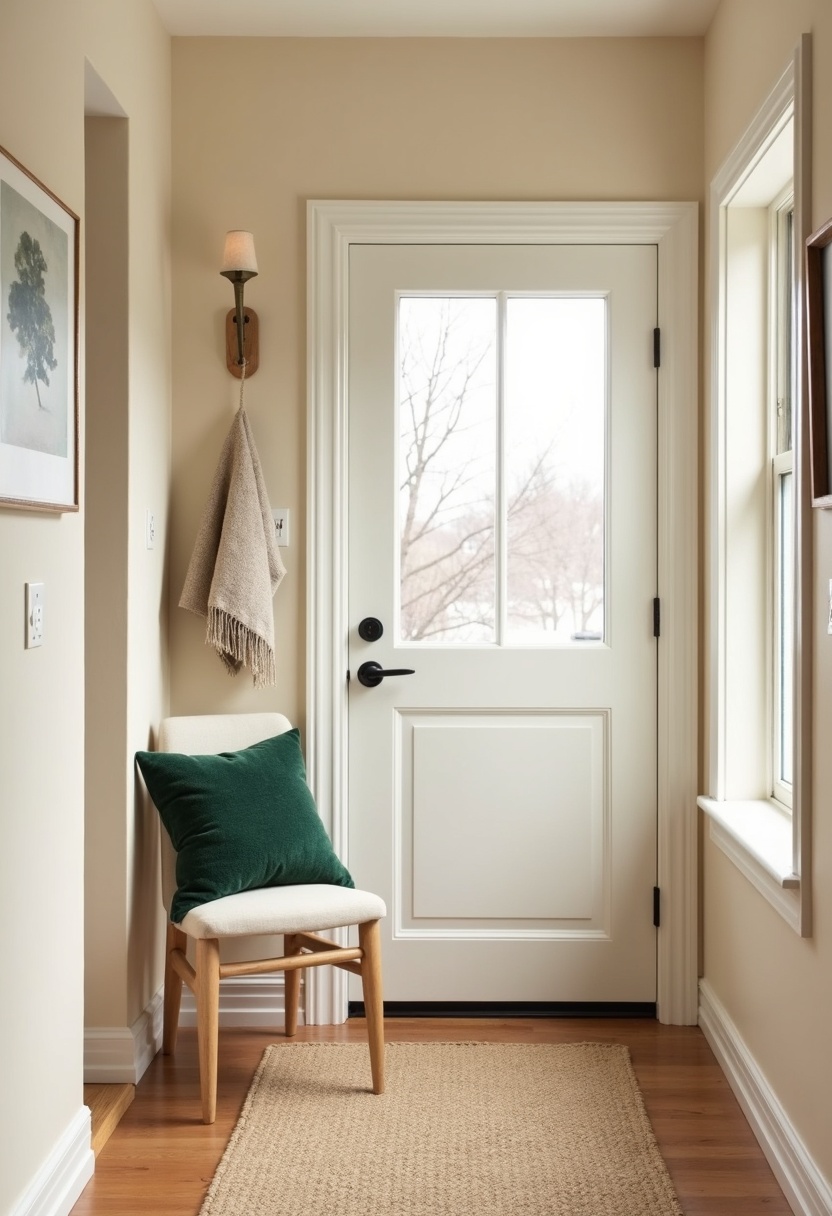 Cream and oatmeal small entryway with one forest green accent pillow