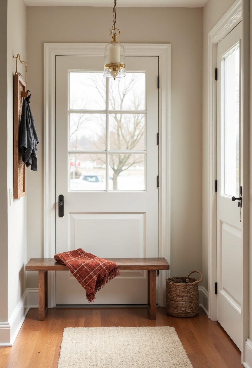 Warm neutral entry with a plaid throw over a slim bench