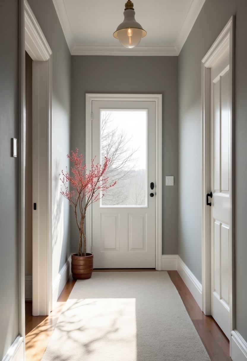 Soft gray hallway with a single berry red seasonal accent