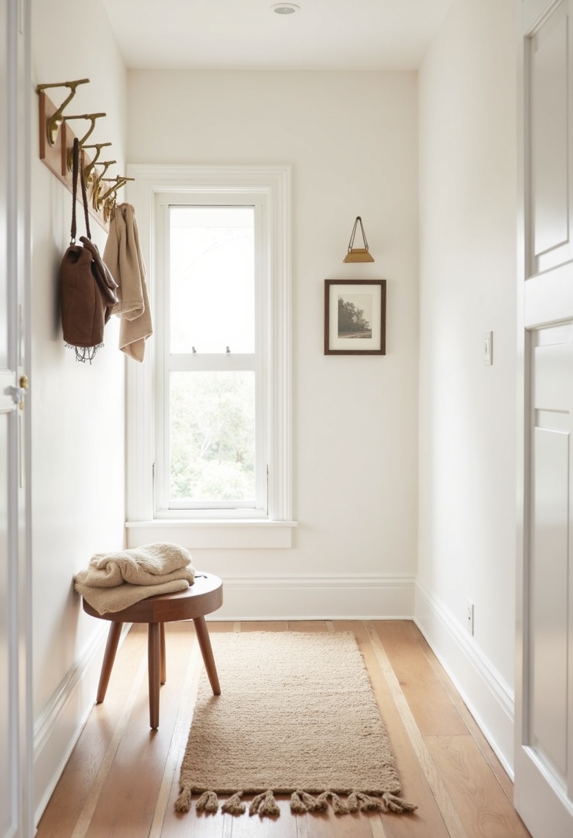 Warm white entry wall with brass hooks and a wool runner