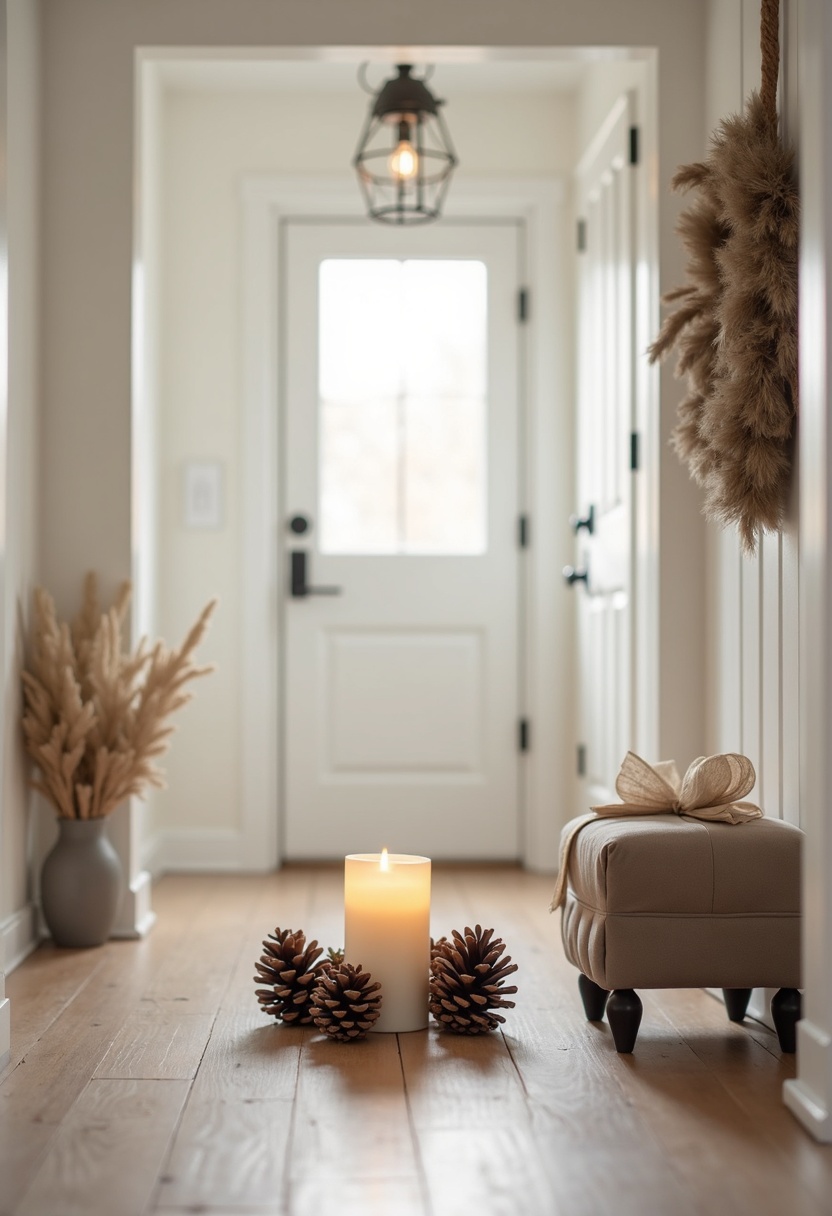 Neutral winter entry vignette with pinecones and a cream candle