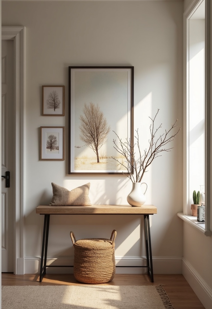 Vertical gallery wall of framed winter art above a slim entry console