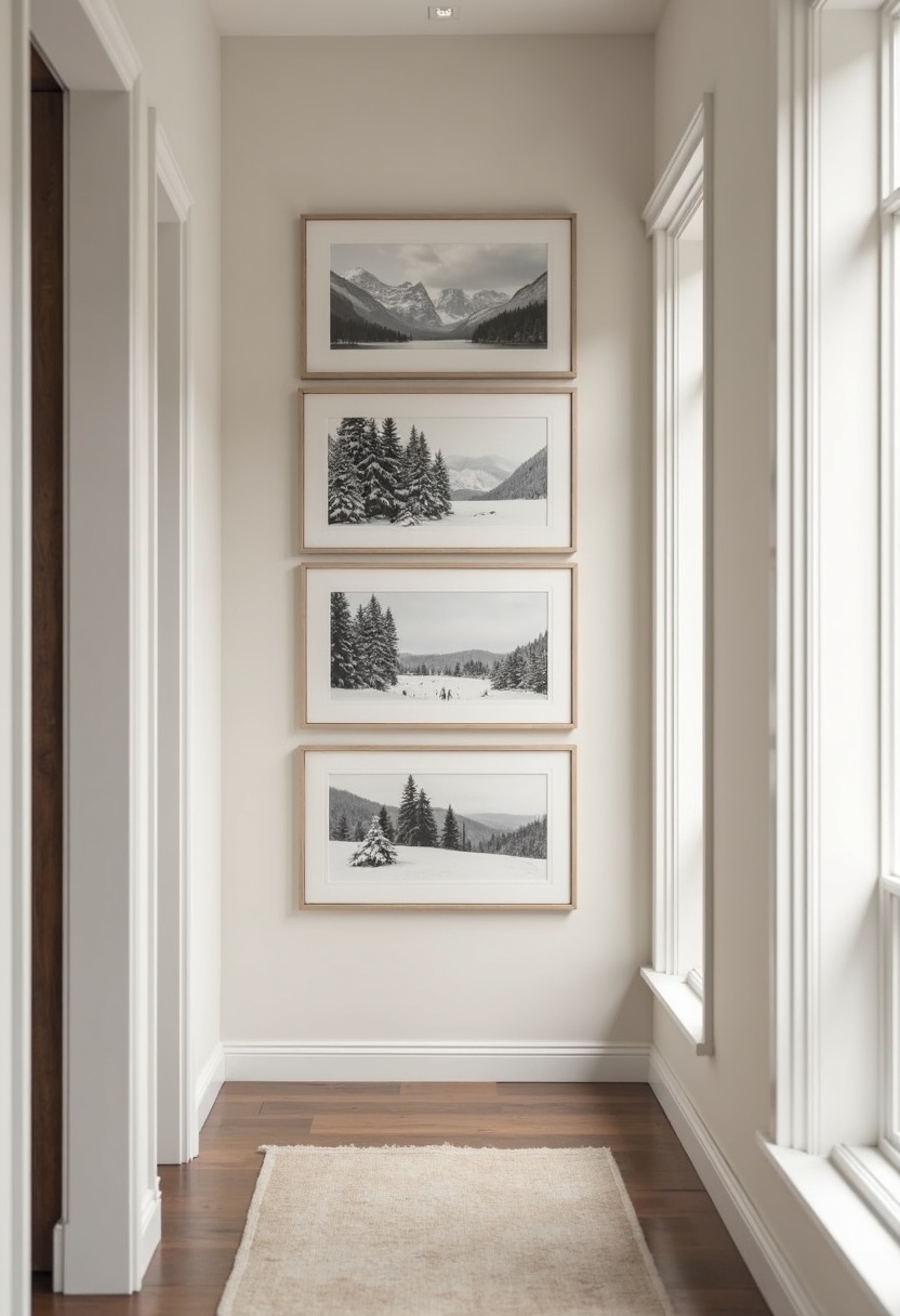 Stacked snowy landscape prints in thin frames in a narrow hallway