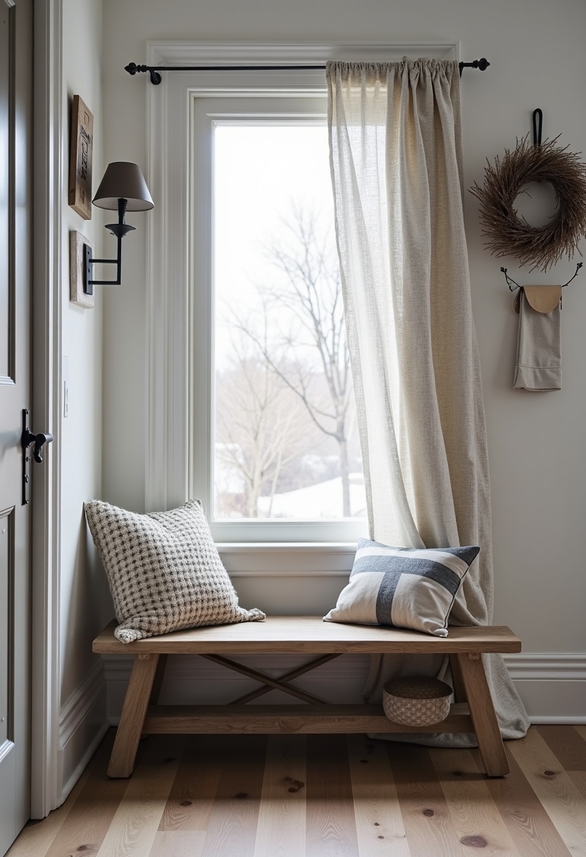 Small black and white winter photo trio over a bench