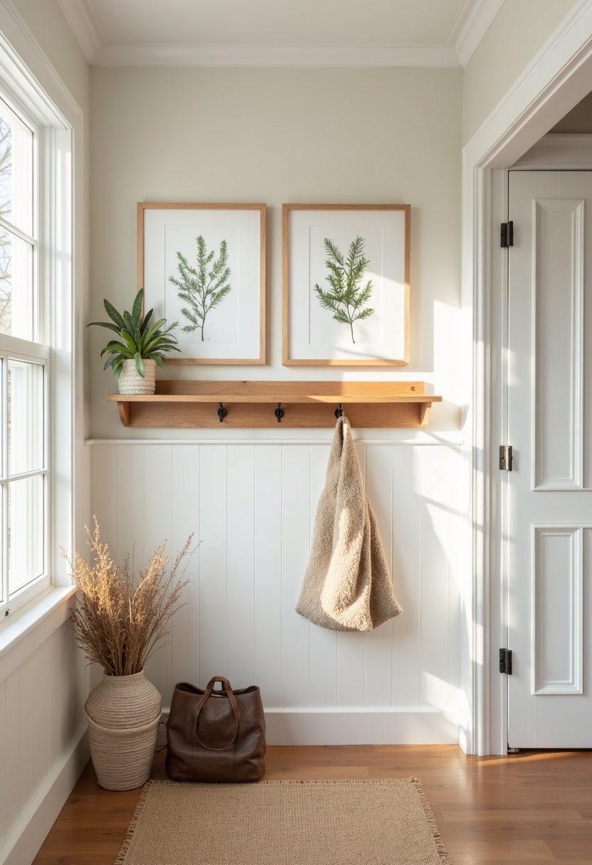 Botanical evergreen prints framed in warm wood above hooks