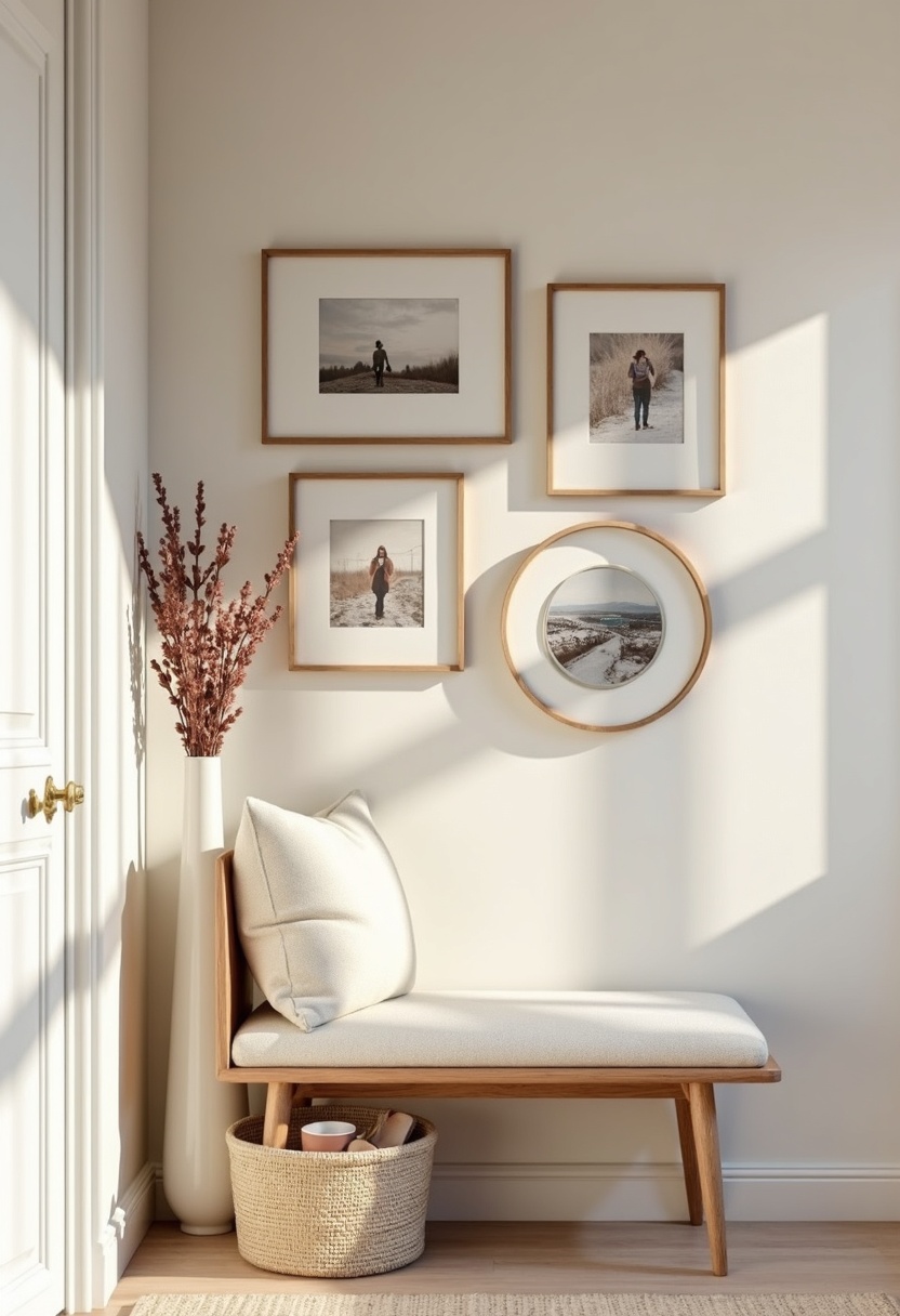Cozy entry gallery wall mixing frames and a small round mirror