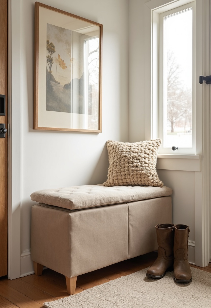 Slim storage ottoman as a seat in a small winter entryway with boots beside it