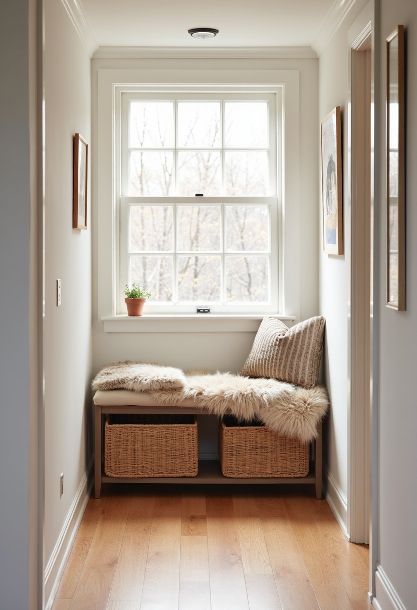 Woven storage bench with a faux fur throw in a narrow hall