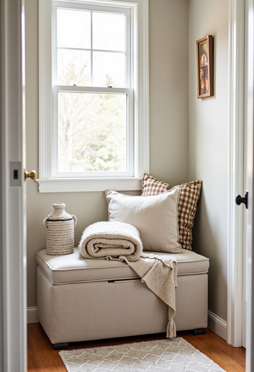Compact upholstered ottoman holding folded winter blankets