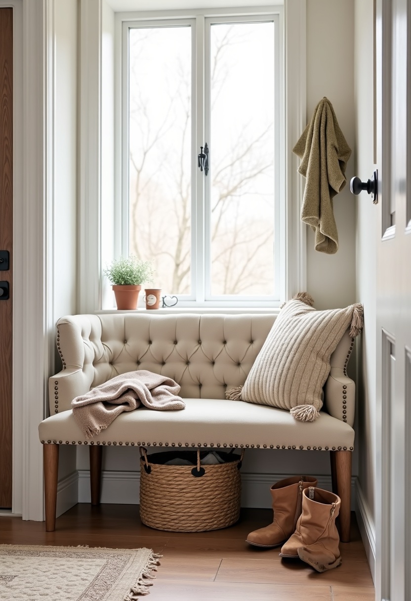 Small tufted bench with a basket underneath for mittens and scarves