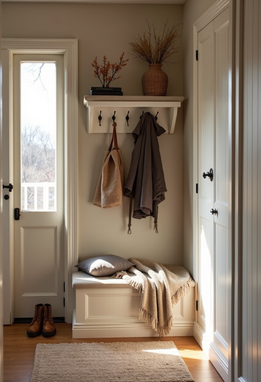 Cozy entry seat with lid storage under a row of coat hooks