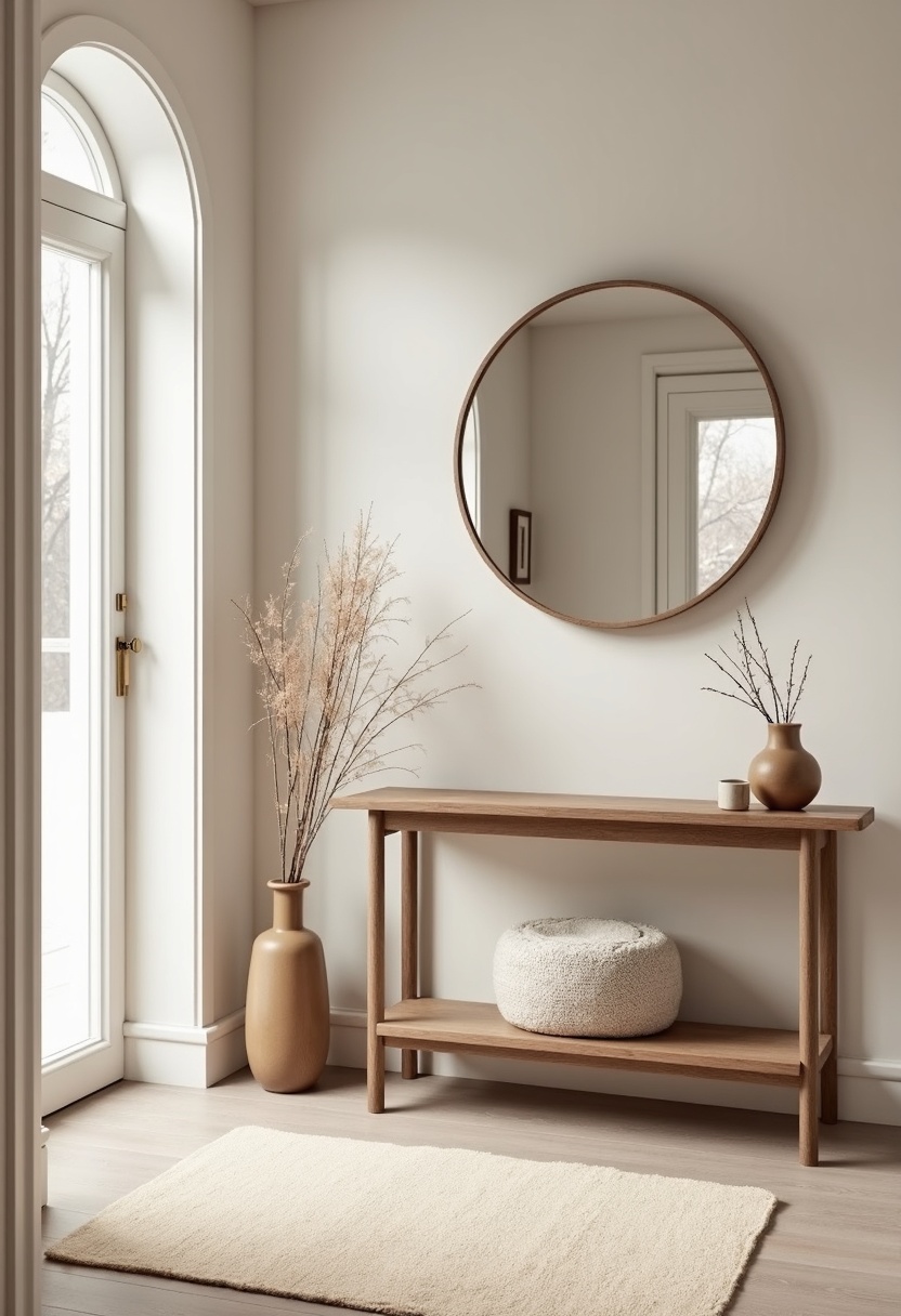 Round mirror above a slim console in a small winter entryway with a cream runner