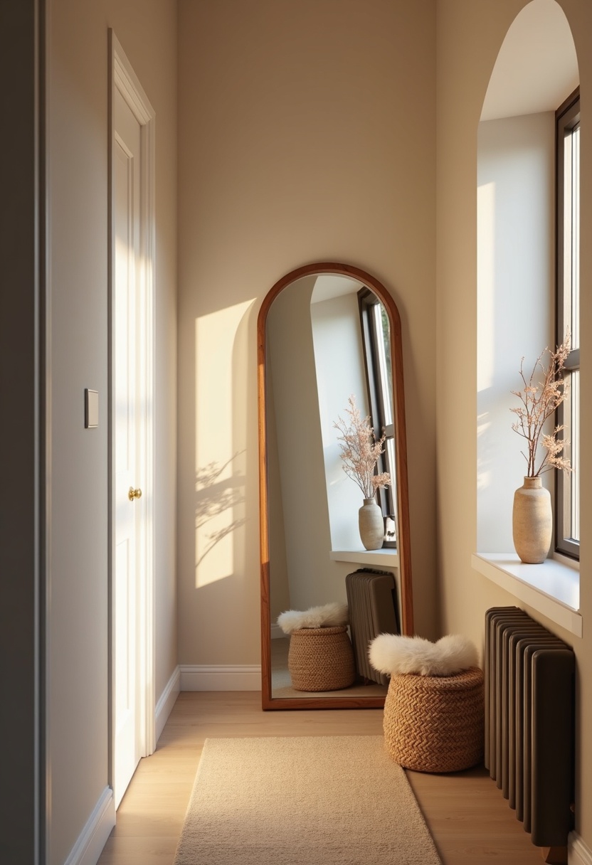 Tall arched mirror leaning in a narrow hallway reflecting warm winter light
