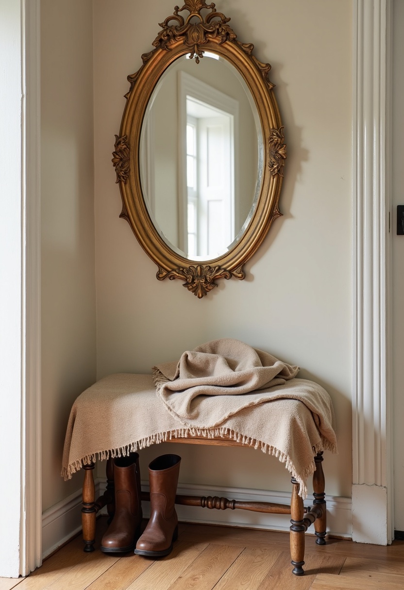 Vintage gold framed mirror over a small bench with wool throw and boots