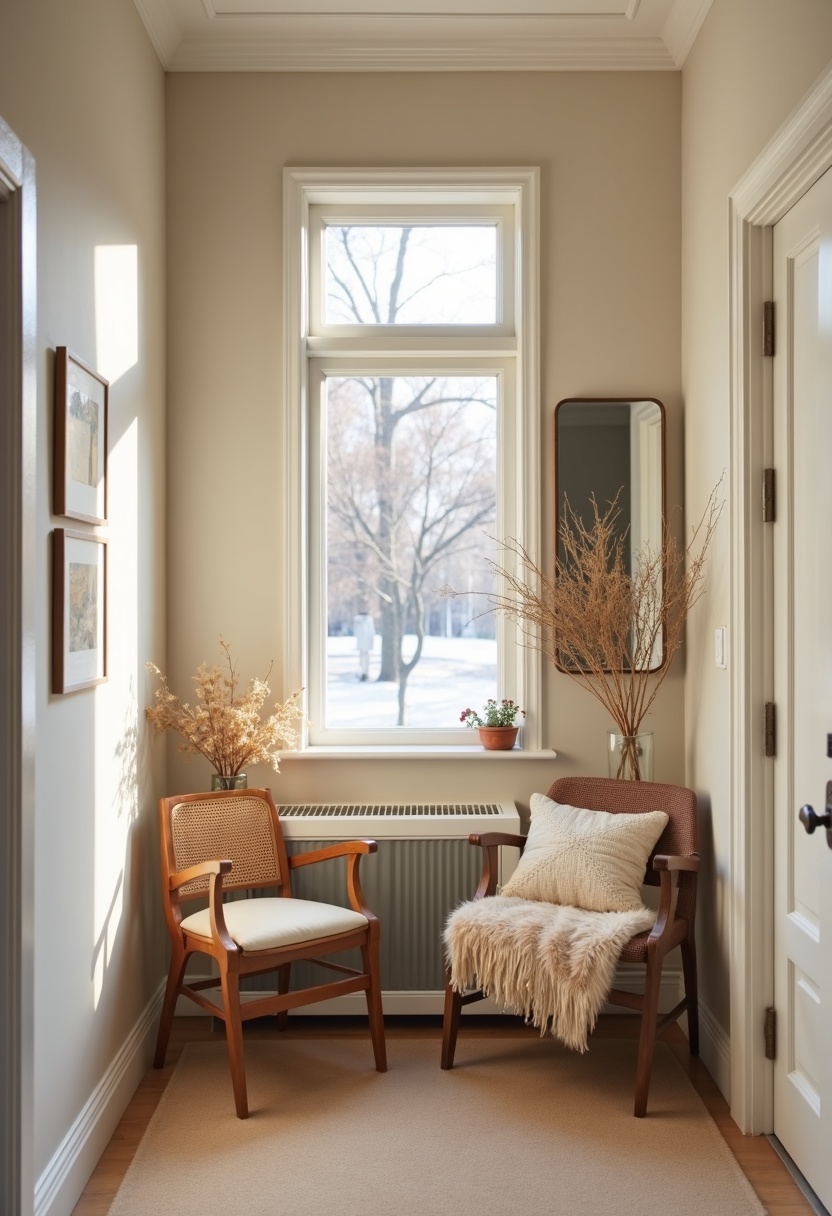 Oversized rectangular mirror doubling the light in a tiny entry nook
