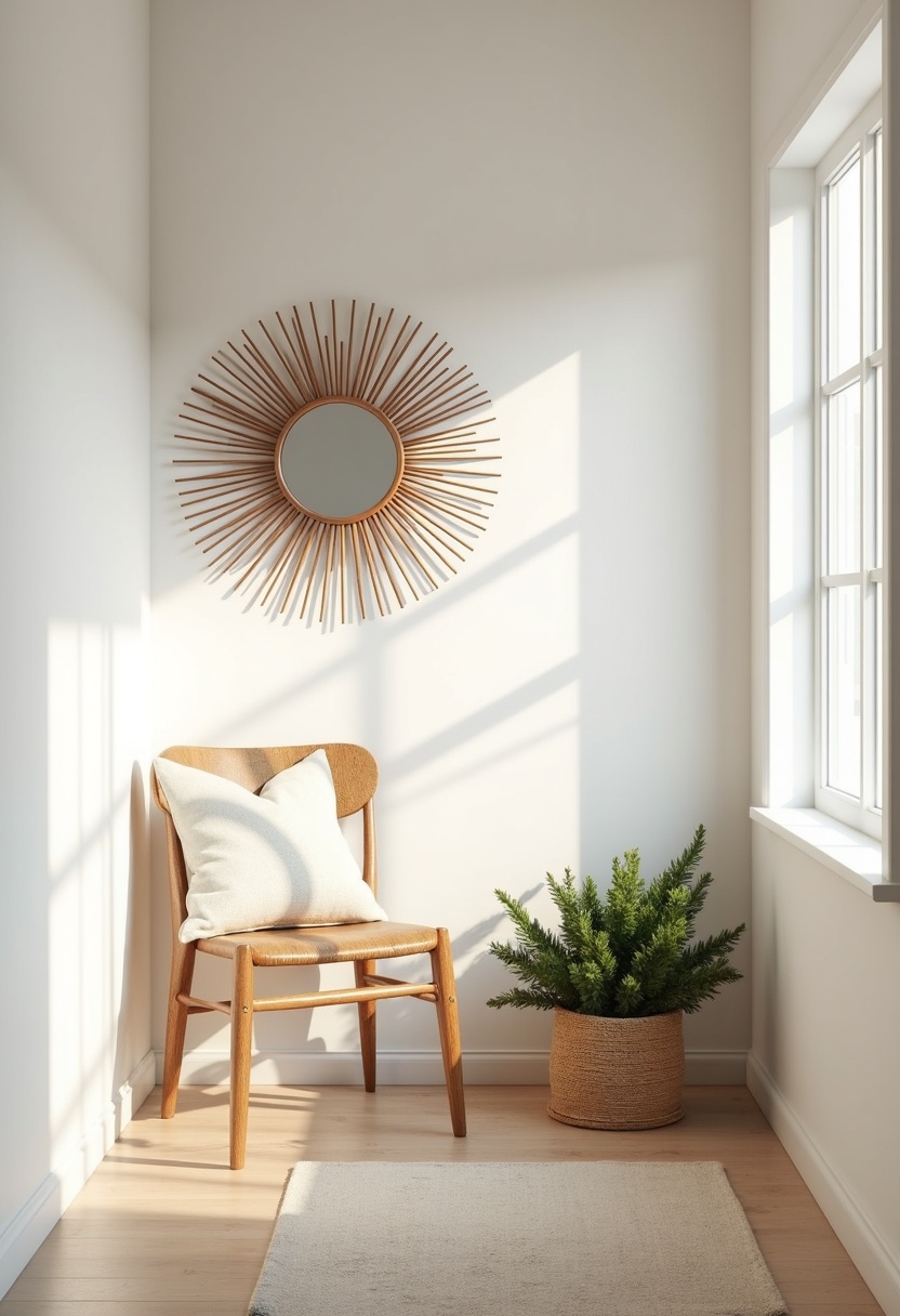 Sunburst mirror on a warm white entry wall with evergreen sprigs below