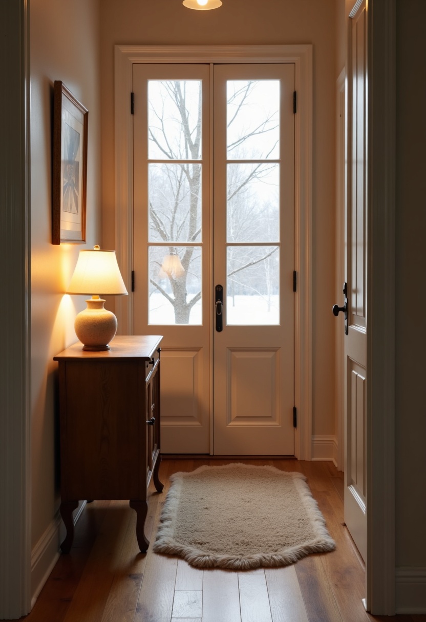 Small table lamp glowing on an entry console with a wool runner below