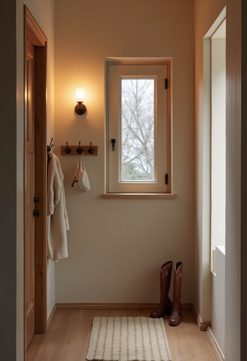 Warm plug-in wall sconce beside a coat hook row in a narrow hall