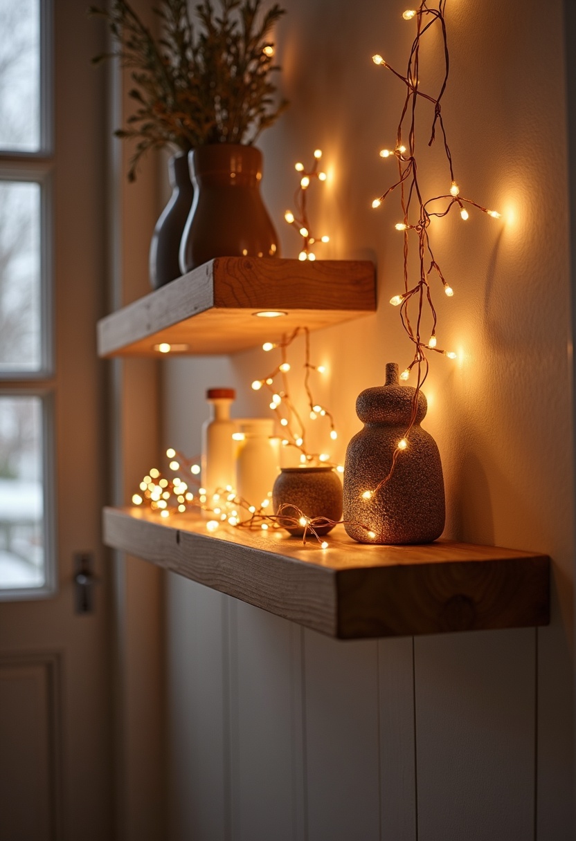 String of warm fairy lights along a floating entry shelf in winter