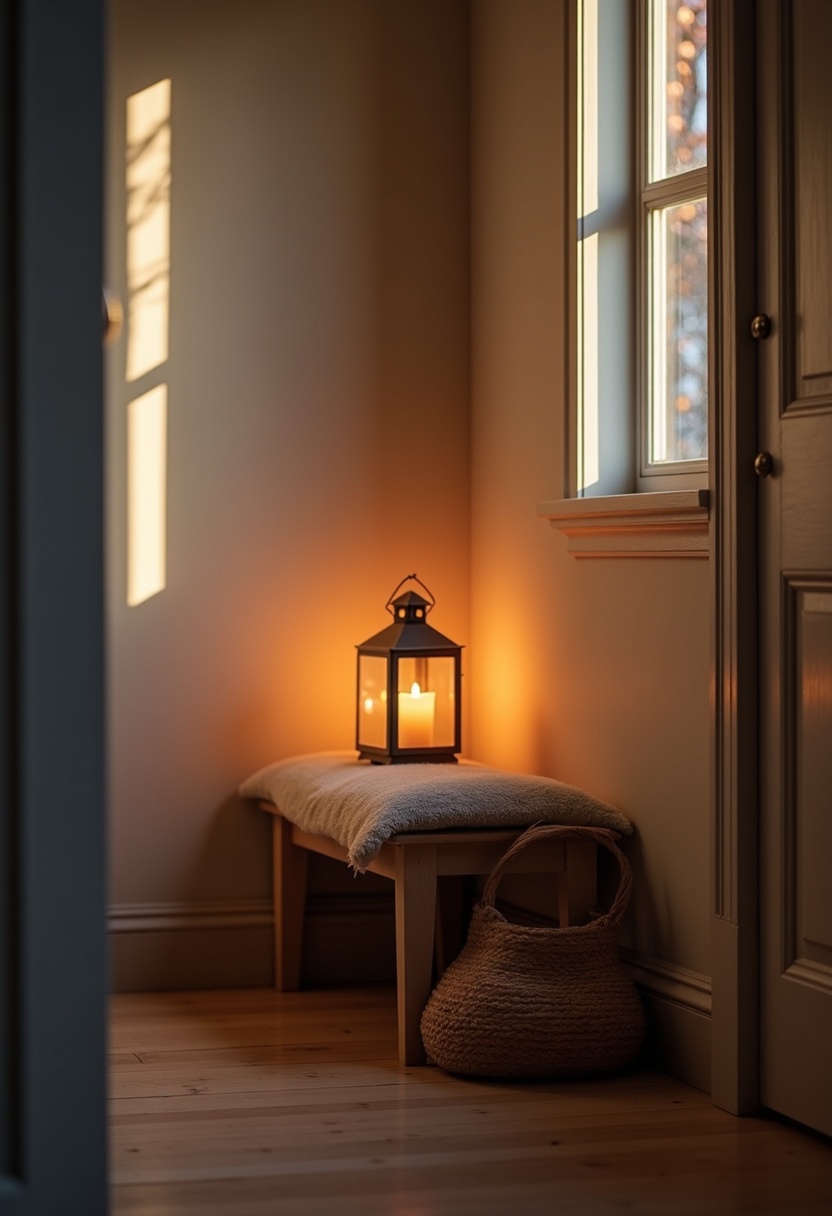 Candle lantern on a small entry bench casting soft amber light