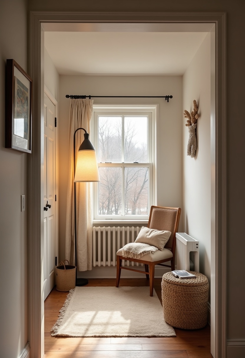 Cozy entryway corner lit by a low brass lamp and window light