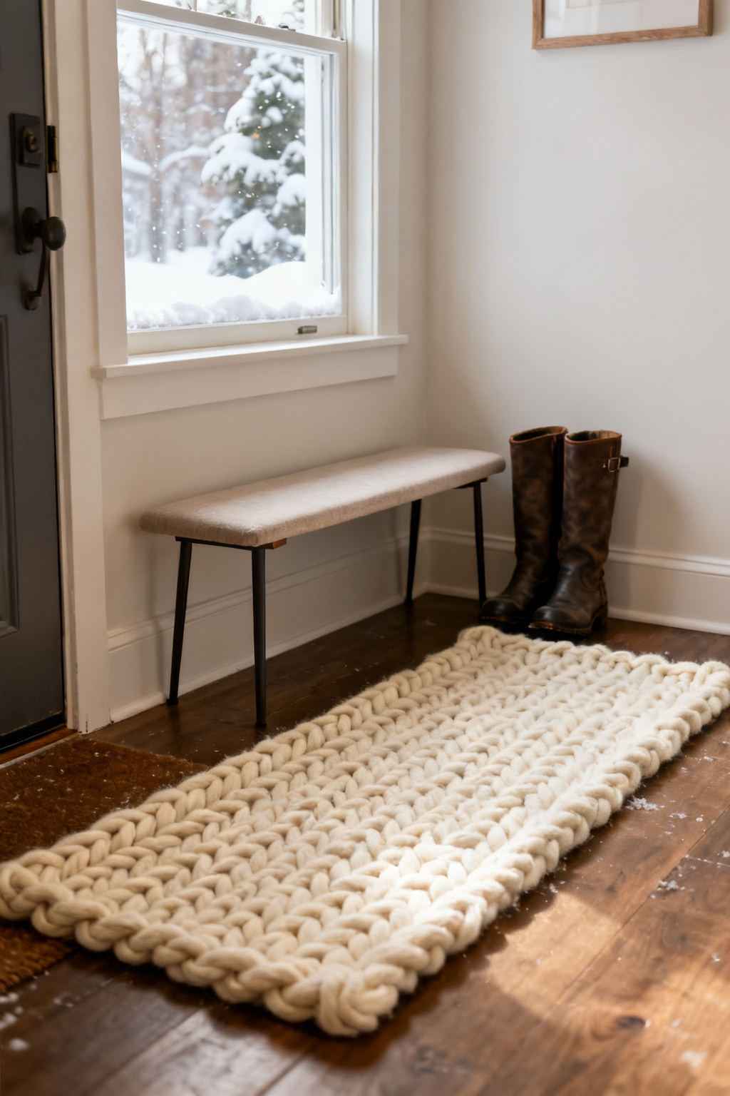 Chunky cream wool runner in a small winter entryway with boots and a slim bench