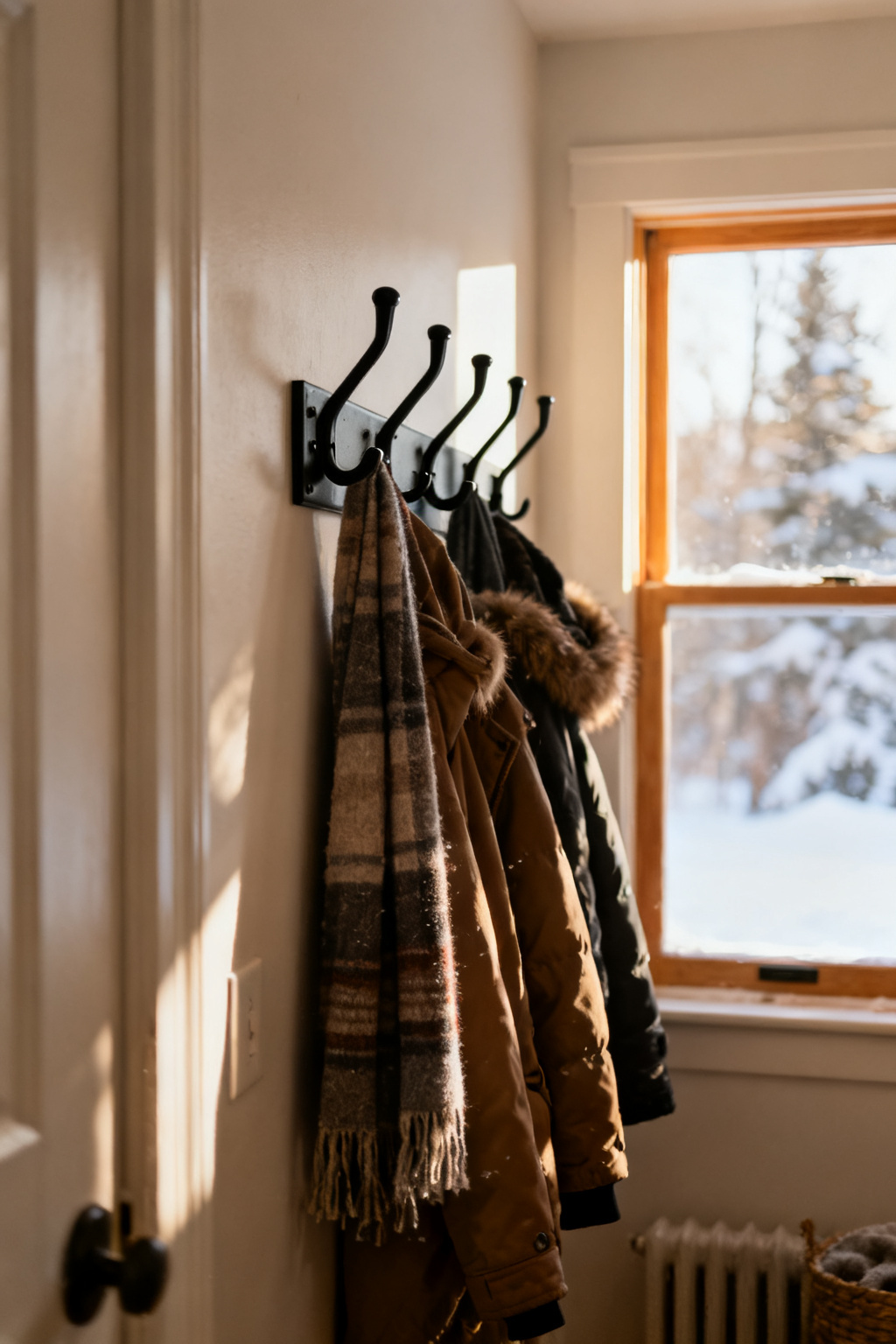 Row of black wall hooks holding winter coats and scarves in a narrow entryway