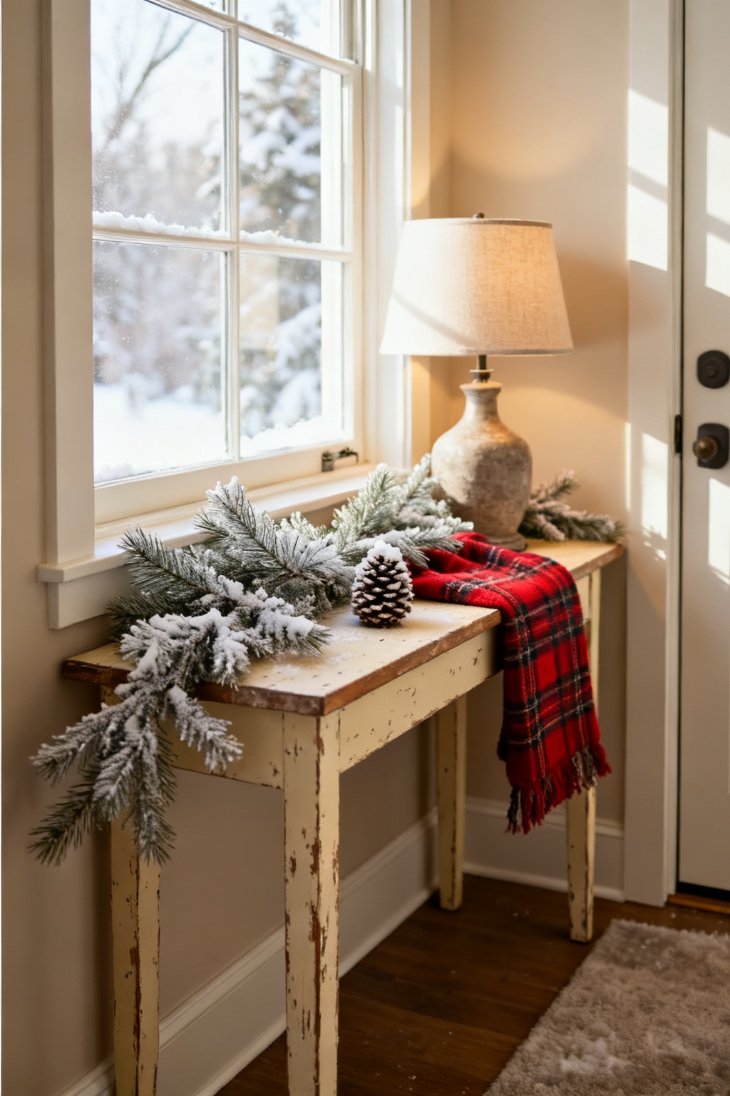 Slim console table in a small entryway styled with a winter vignette and lamp