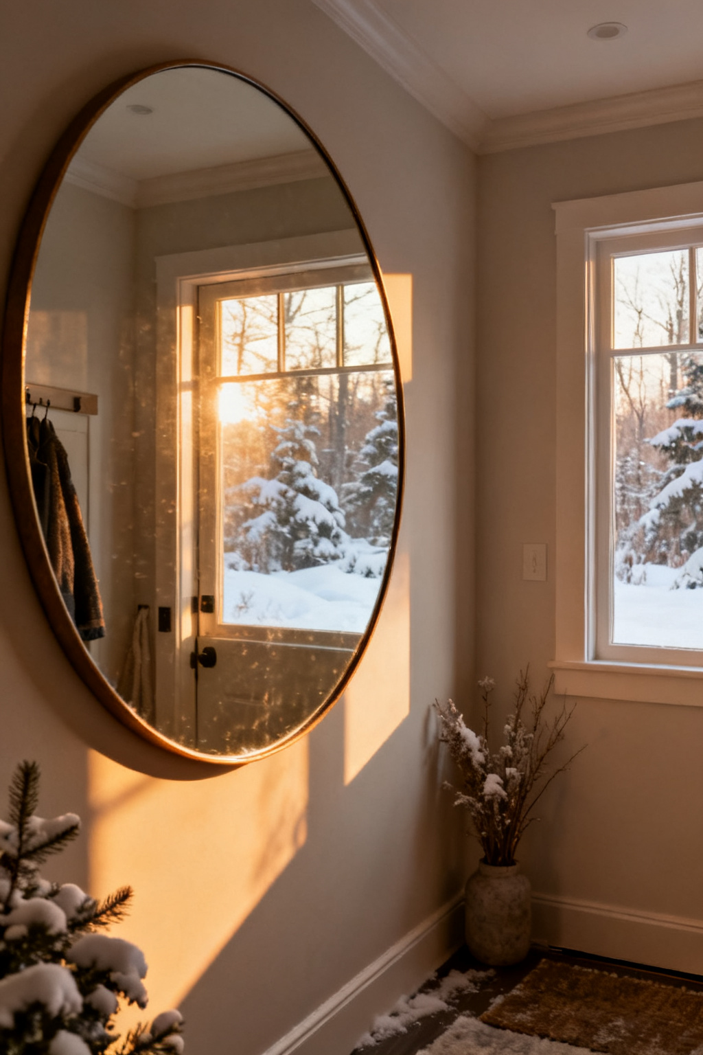 Oversized round mirror reflecting warm light in a small winter entryway