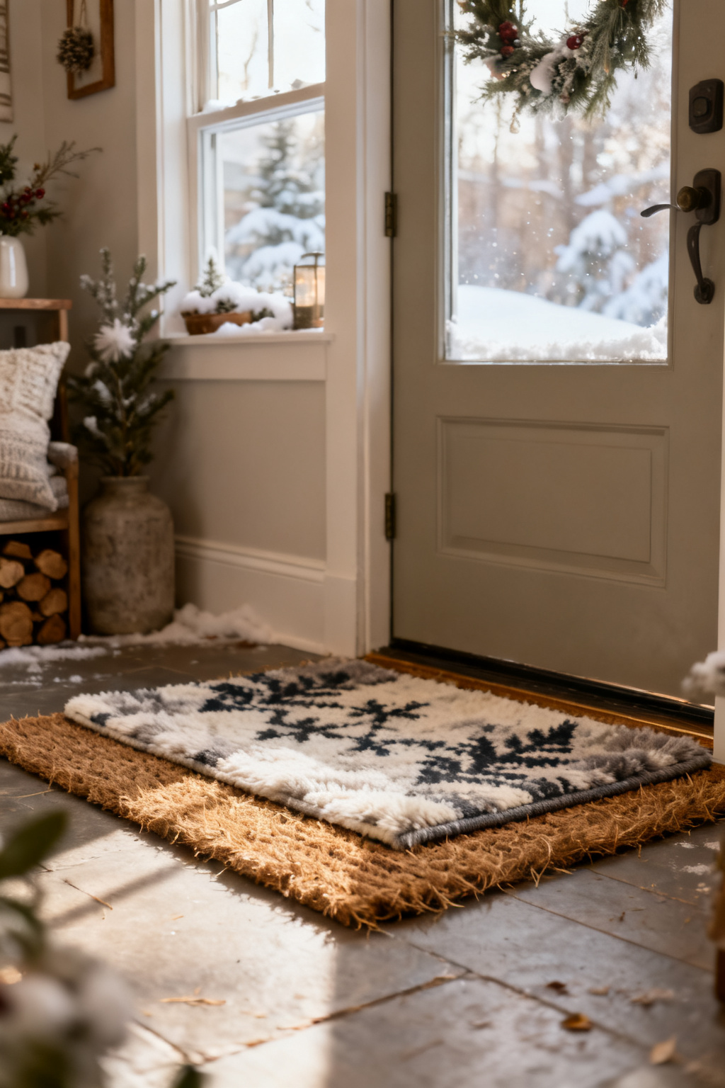 Layered doormat with a coir base and cozy winter rug on top by a front door