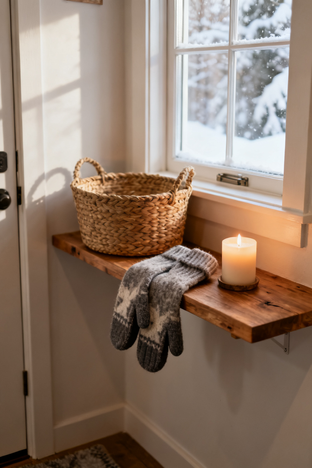Floating wood shelf in a small entryway holding a basket, mittens and a candle
