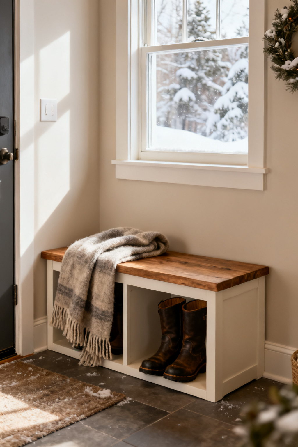 Small storage bench in a winter entryway with boots below and a wool throw