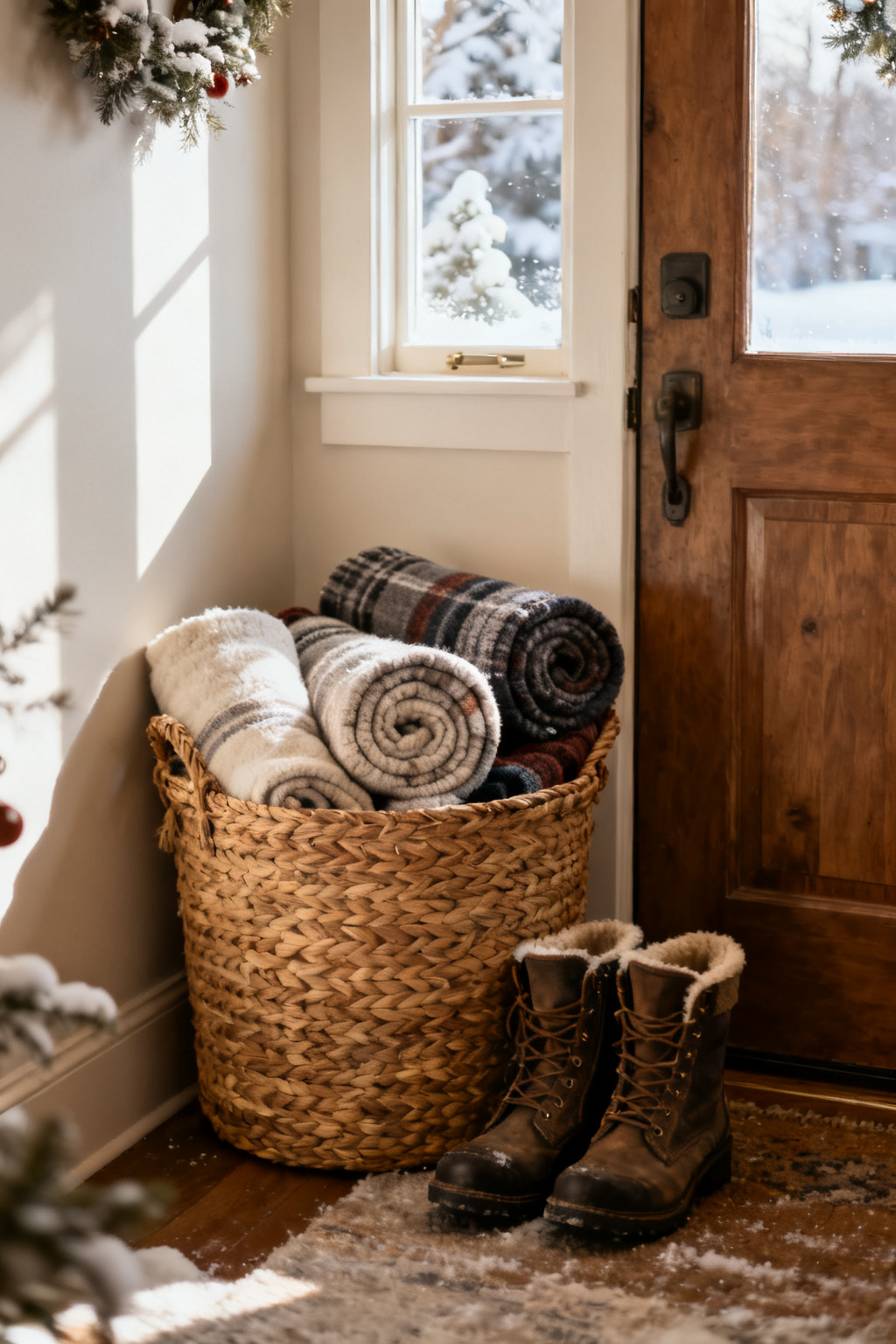 Woven basket by a door filled with rolled winter blankets and a pair of boots