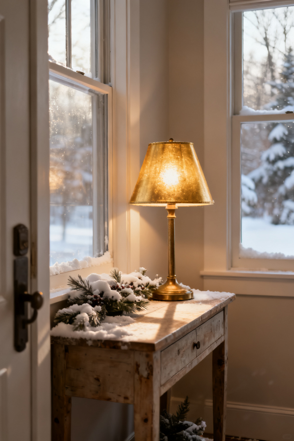 Warm table lamp glowing softly on an entry console in a small winter hallway