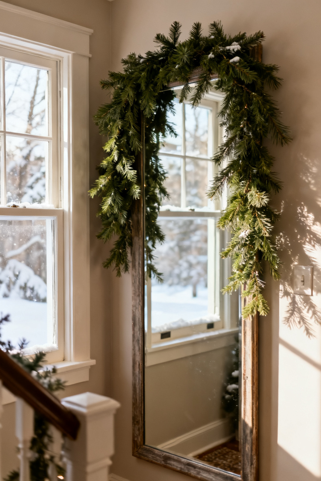Evergreen garland draped over an entryway mirror in a small winter hall