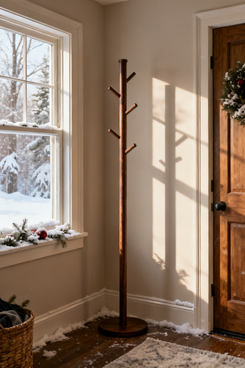 Tall slim freestanding coat rack in the corner of a small winter entryway