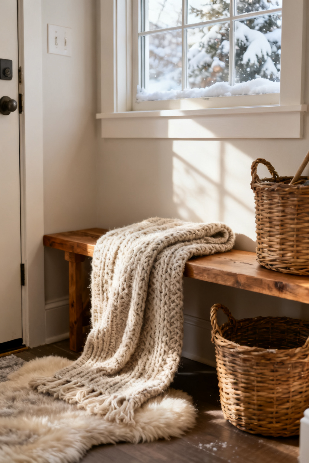 Small entryway layering a knit throw, wool runner, wood shelf and wicker basket