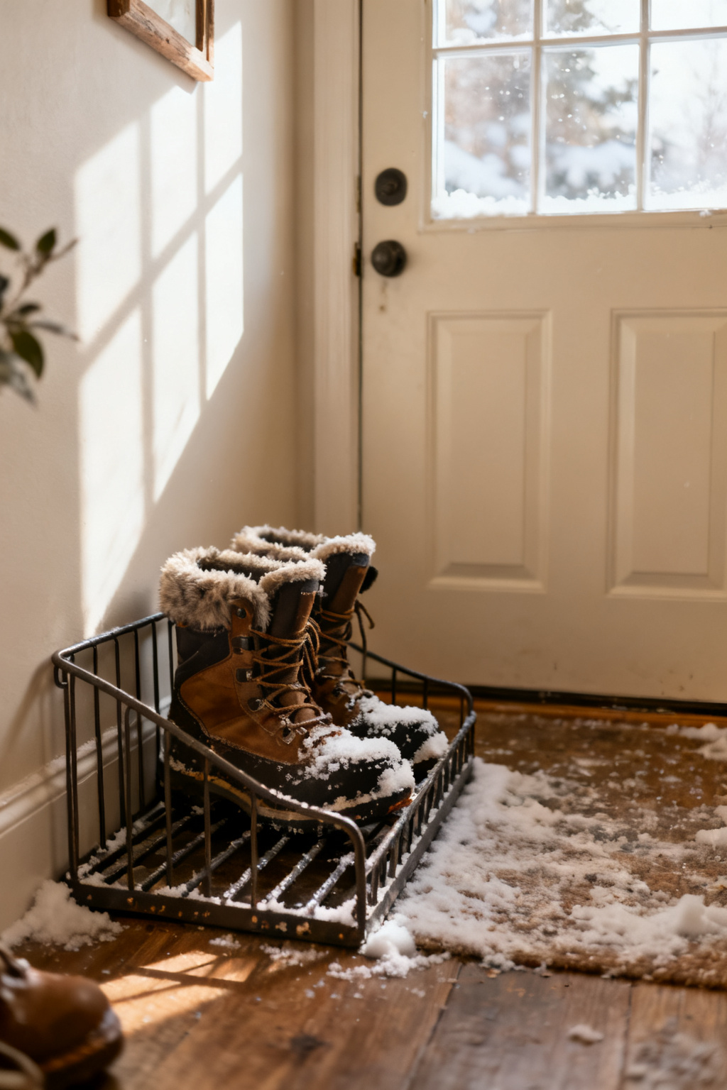 Metal boot tray by a door holding snowy winter boots in a small entry