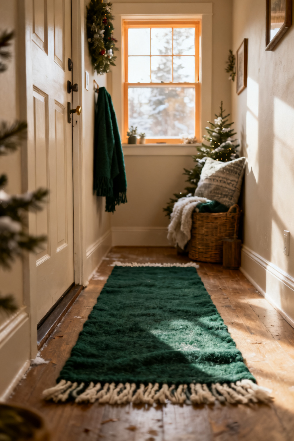 Neutral small entryway with one deep forest green winter accent and wool runner