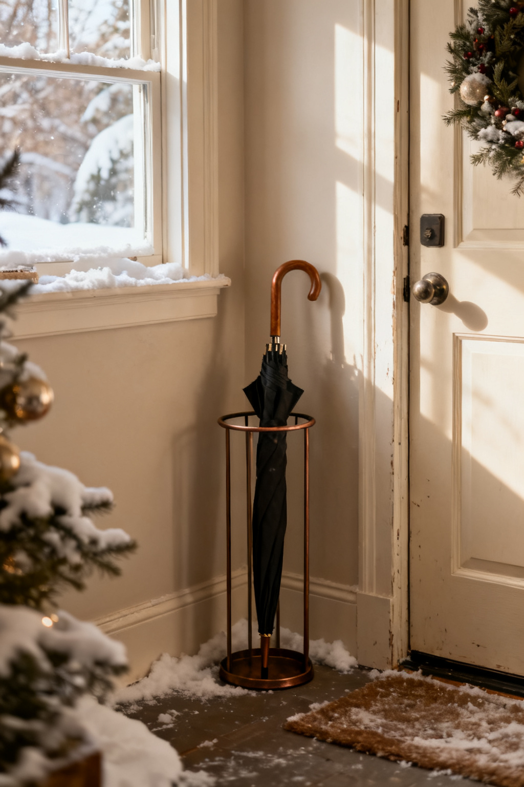 Slim umbrella stand in the corner of a small winter entryway by the door