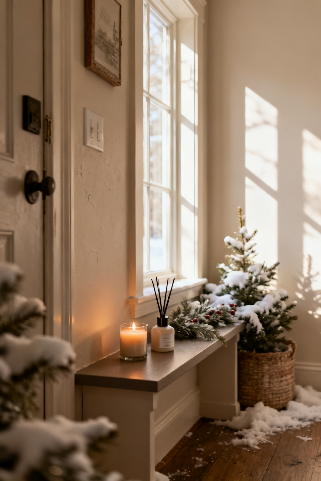 Small candle and diffuser on an entry shelf in a cozy winter hallway