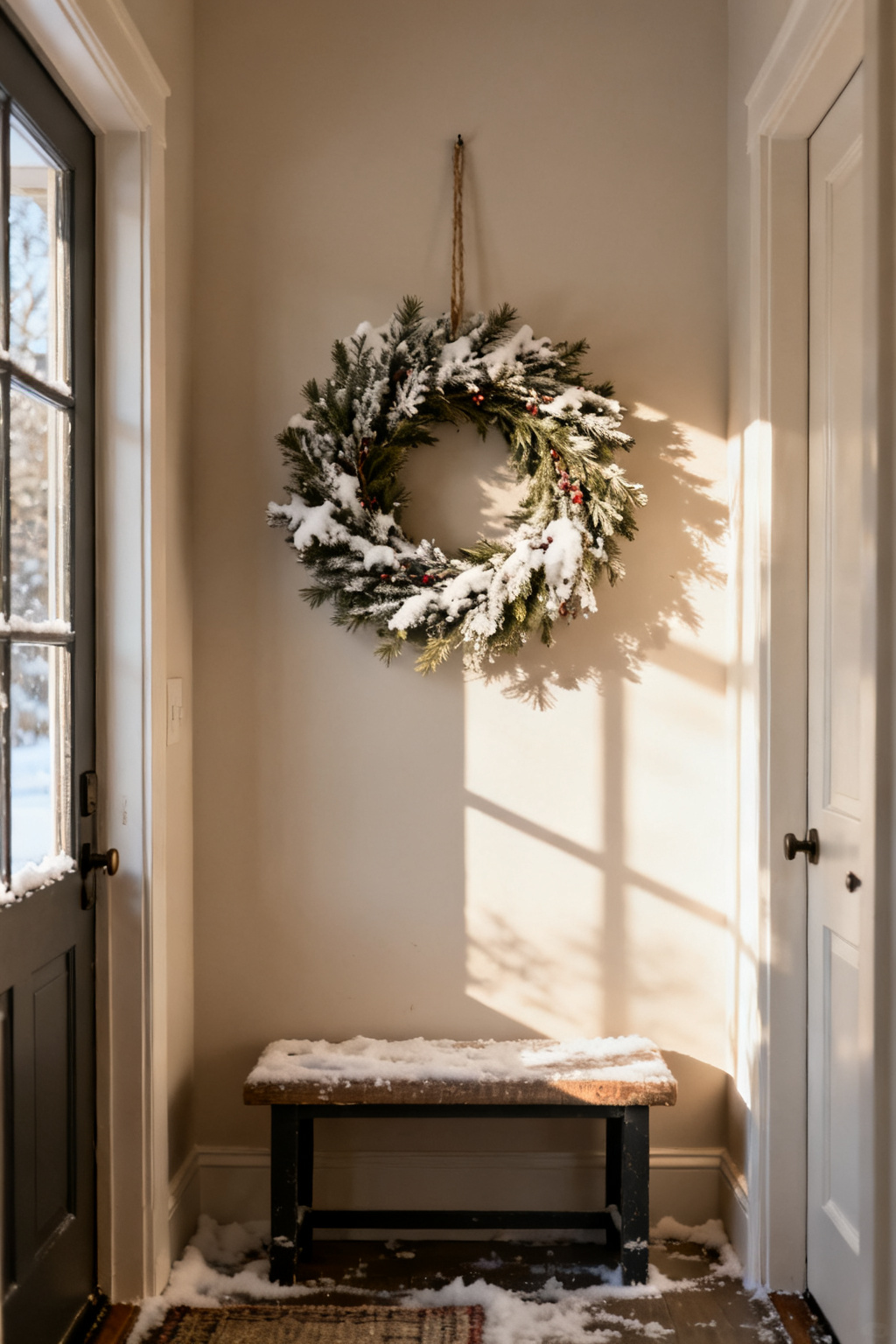 Winter wreath hung on an interior entryway wall above a small bench