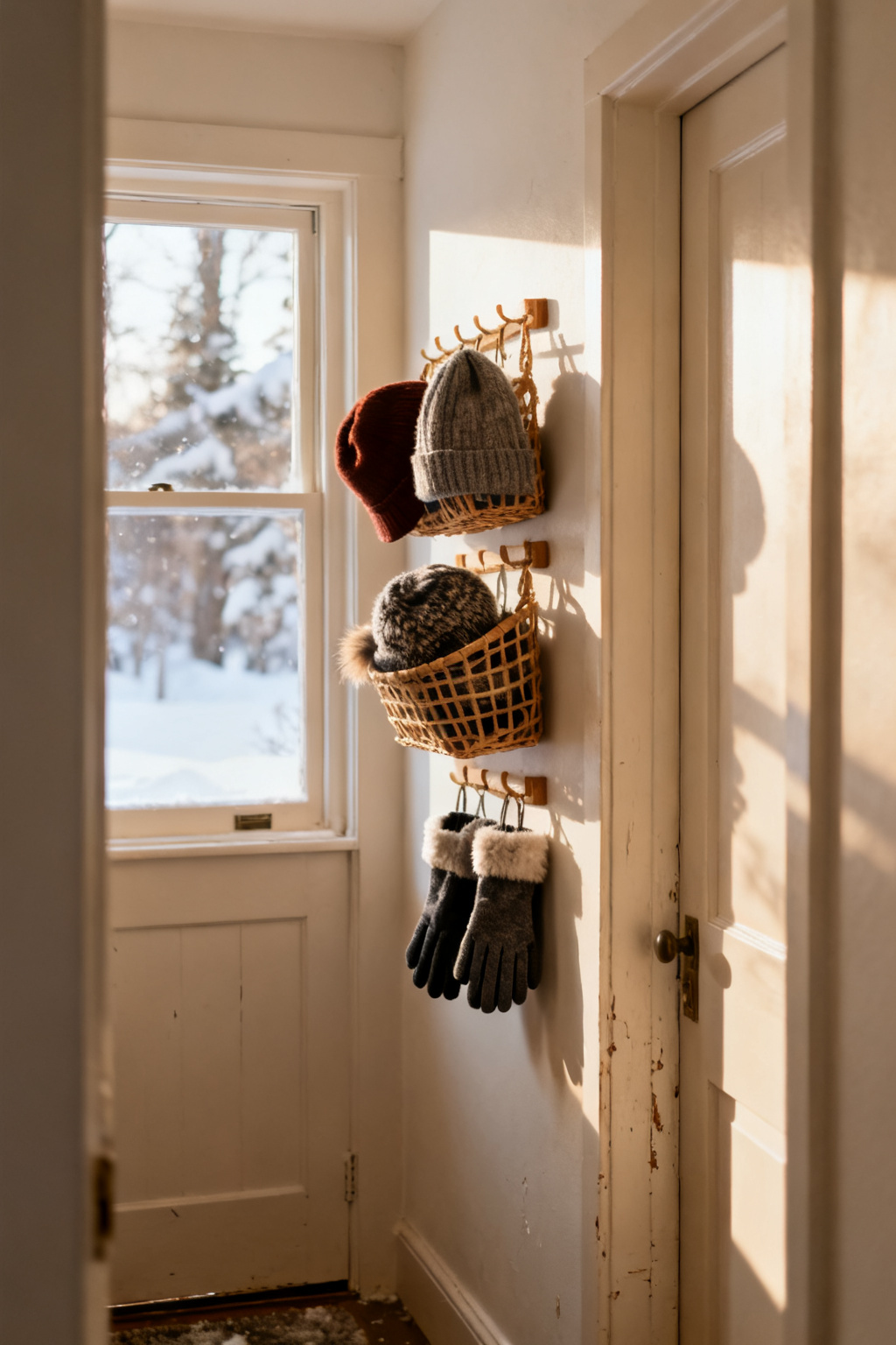 Wall-mounted baskets holding hats and gloves in a narrow winter entryway