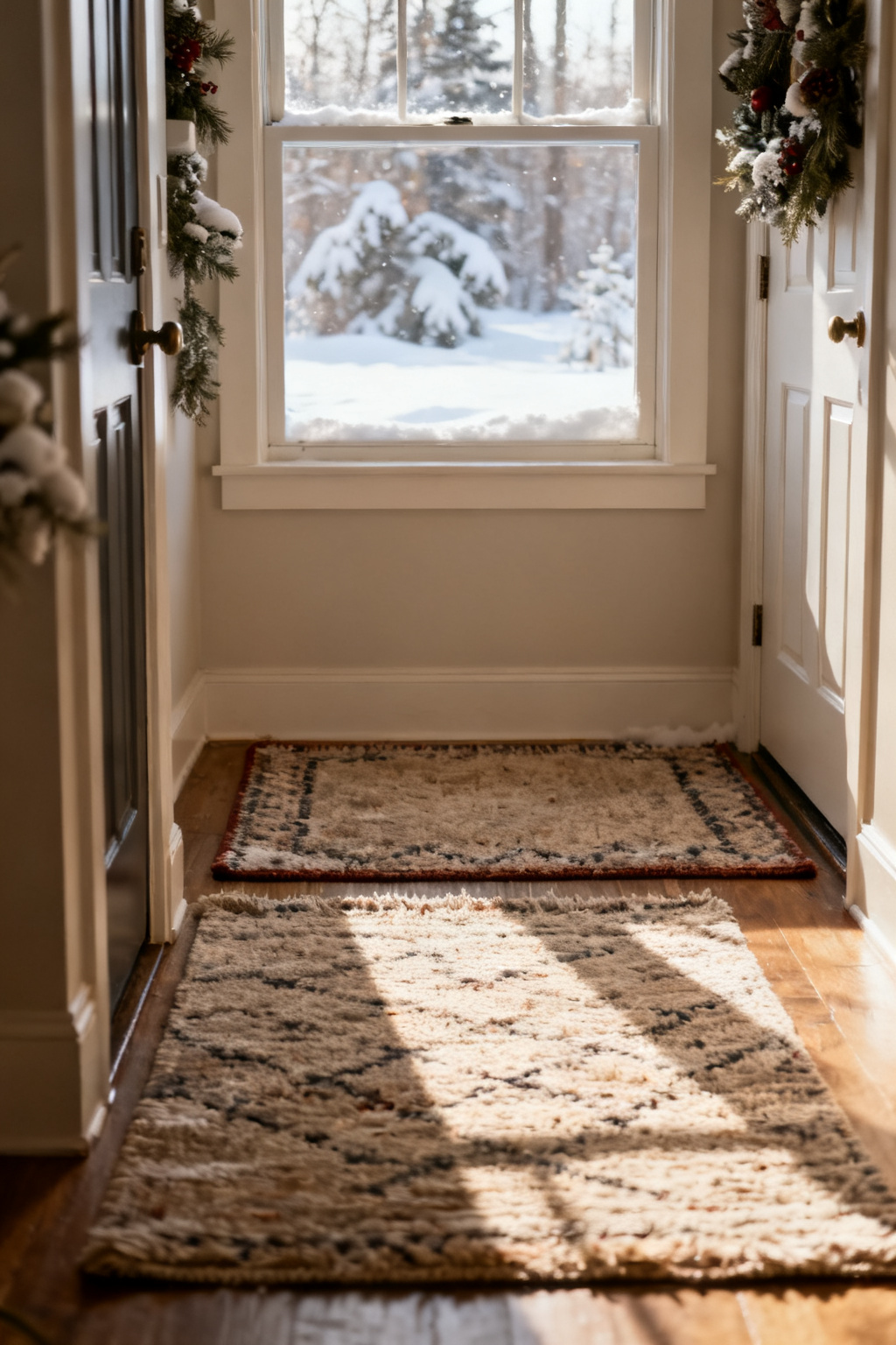 Two layered rugs adding depth and warmth in a small winter entryway