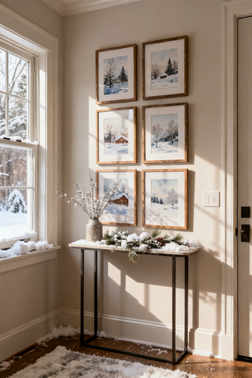 Vertical gallery wall of framed winter art above a slim console in a small entry