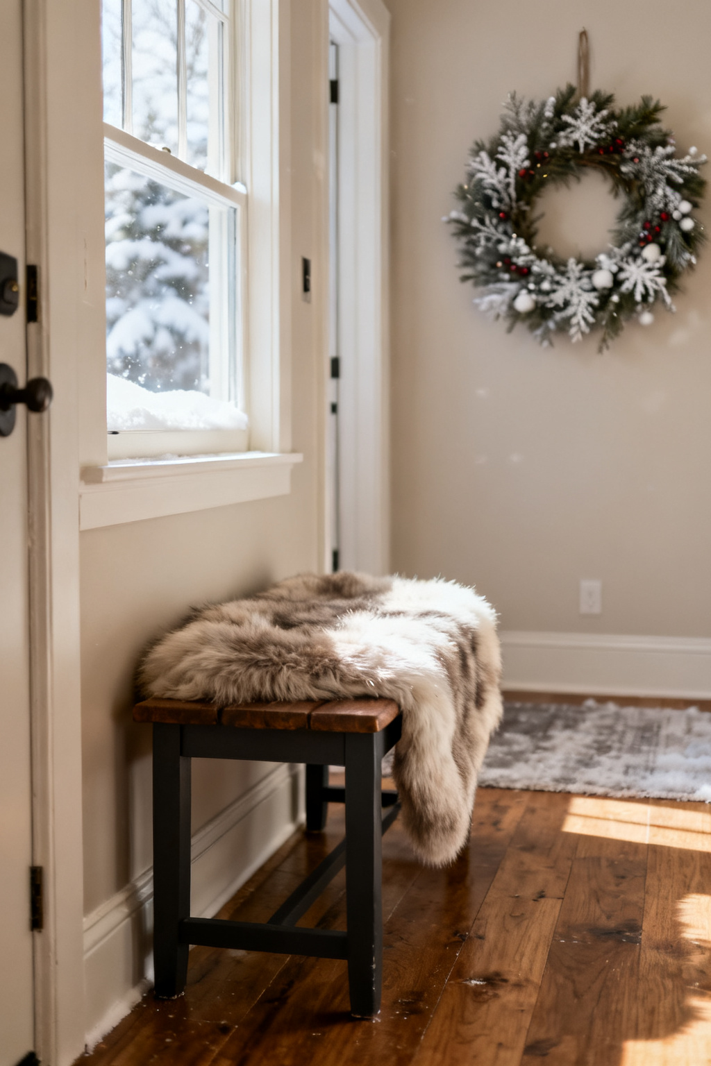 Faux fur throw draped over a small entry bench in a cozy winter hallway