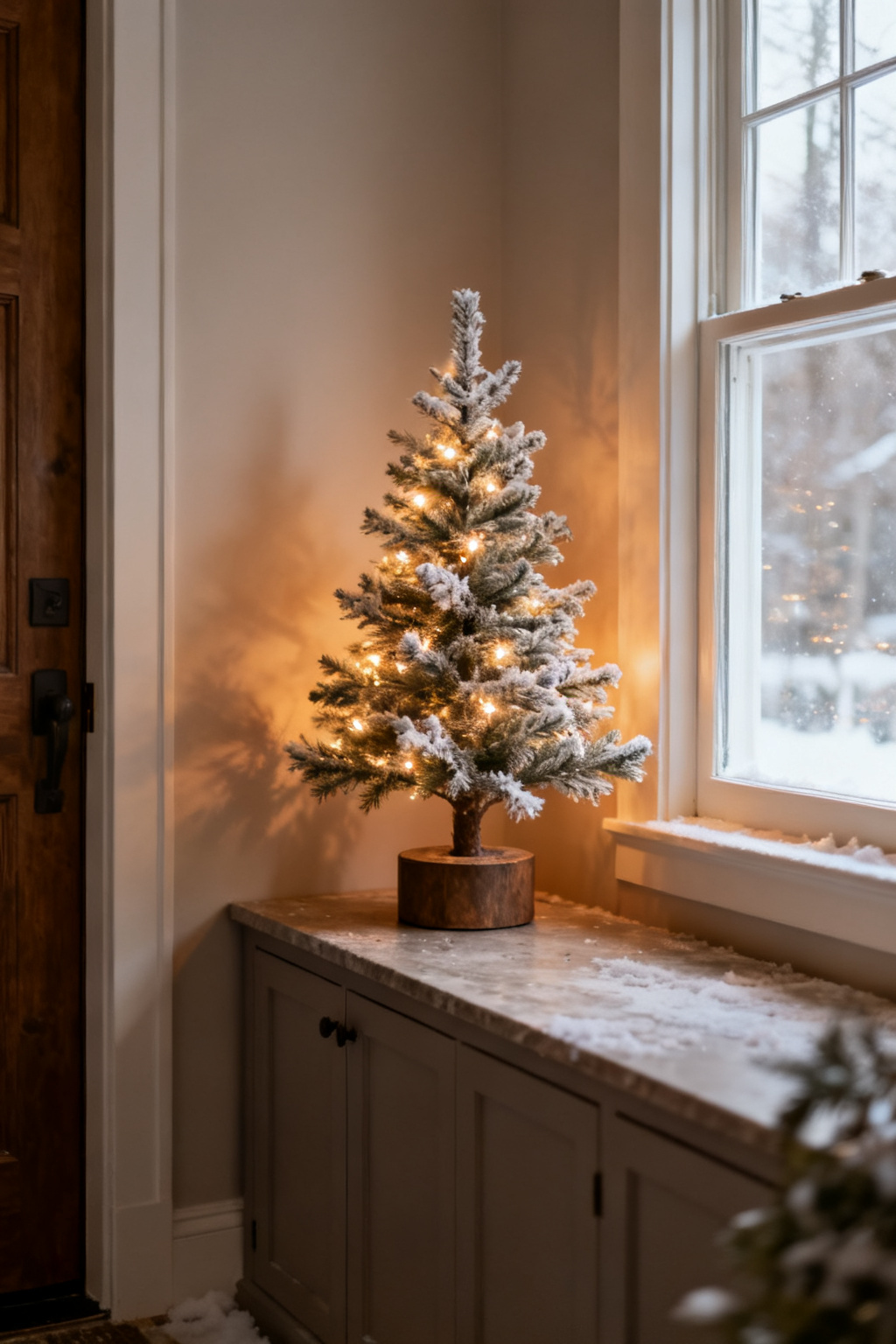 Small tabletop winter tree with warm lights on an entry console corner