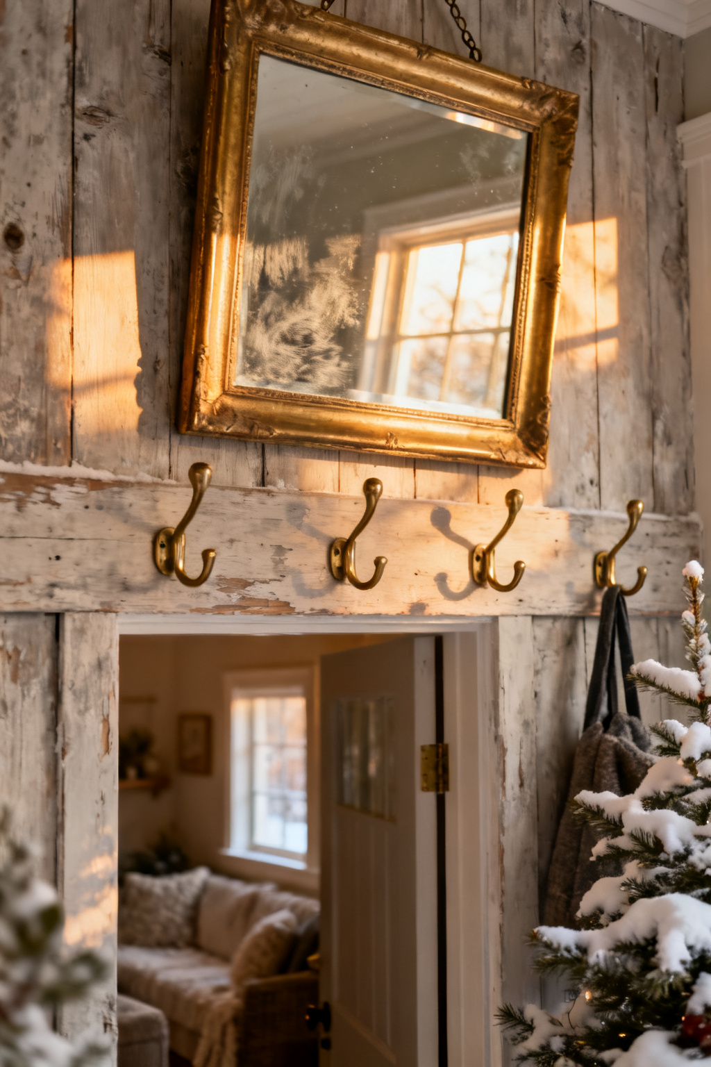 Brass hooks and gold framed mirror warming a small winter entryway