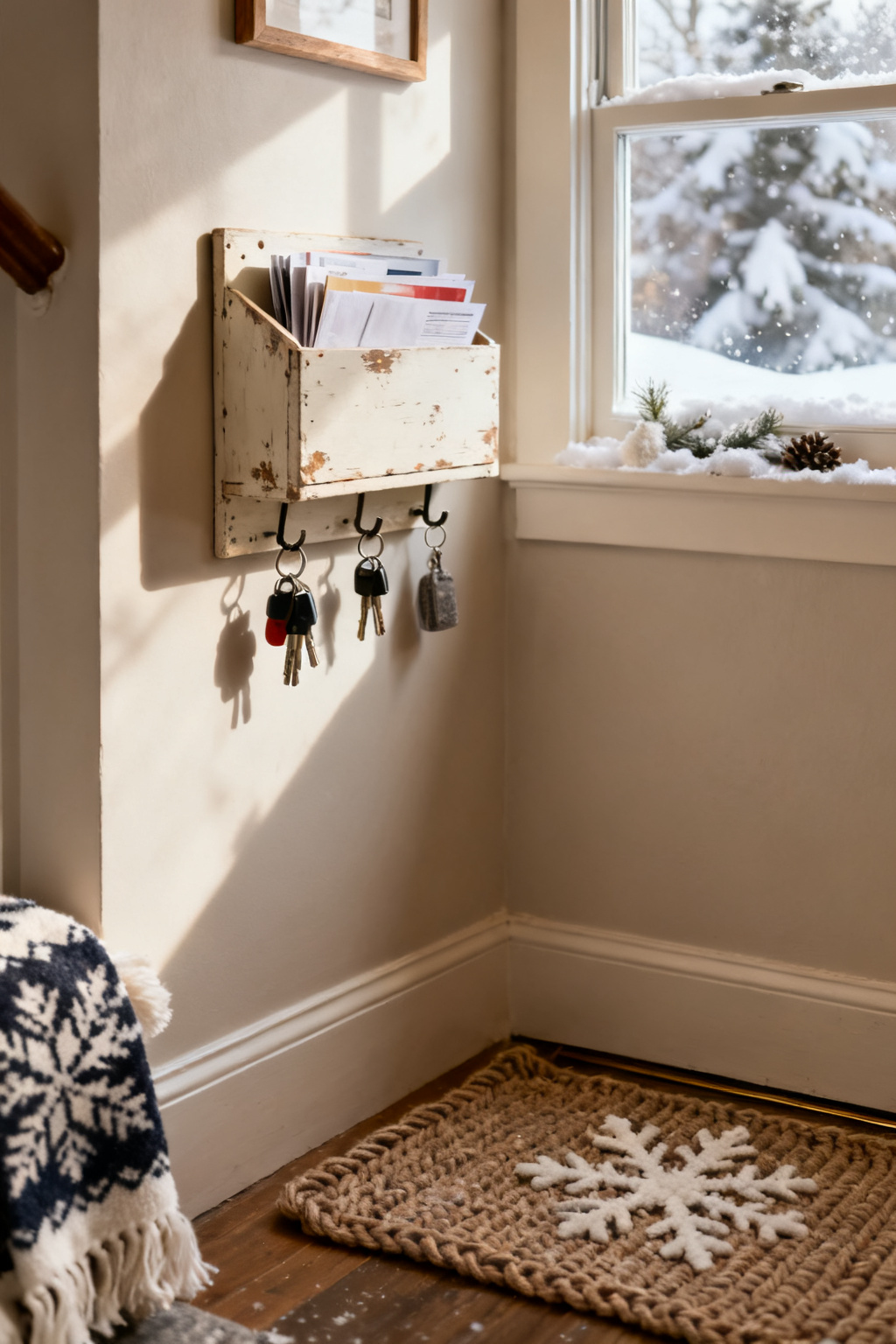 Wall-mounted key and mail organizer in a tidy small winter entryway
