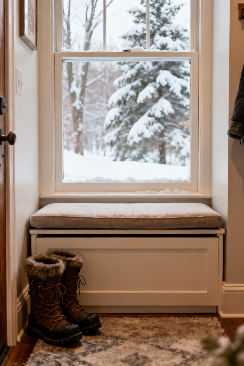 Slim storage ottoman used as a seat in a small winter entryway with boots